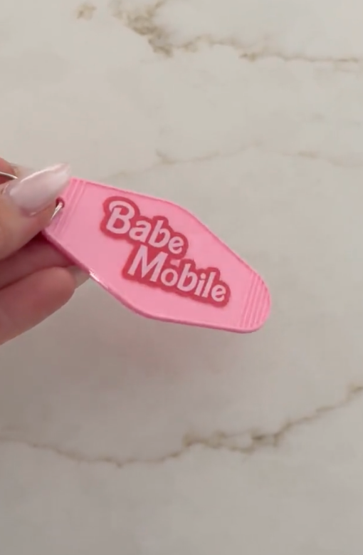 Babe Mobile Motel Keychain in Barbie Font