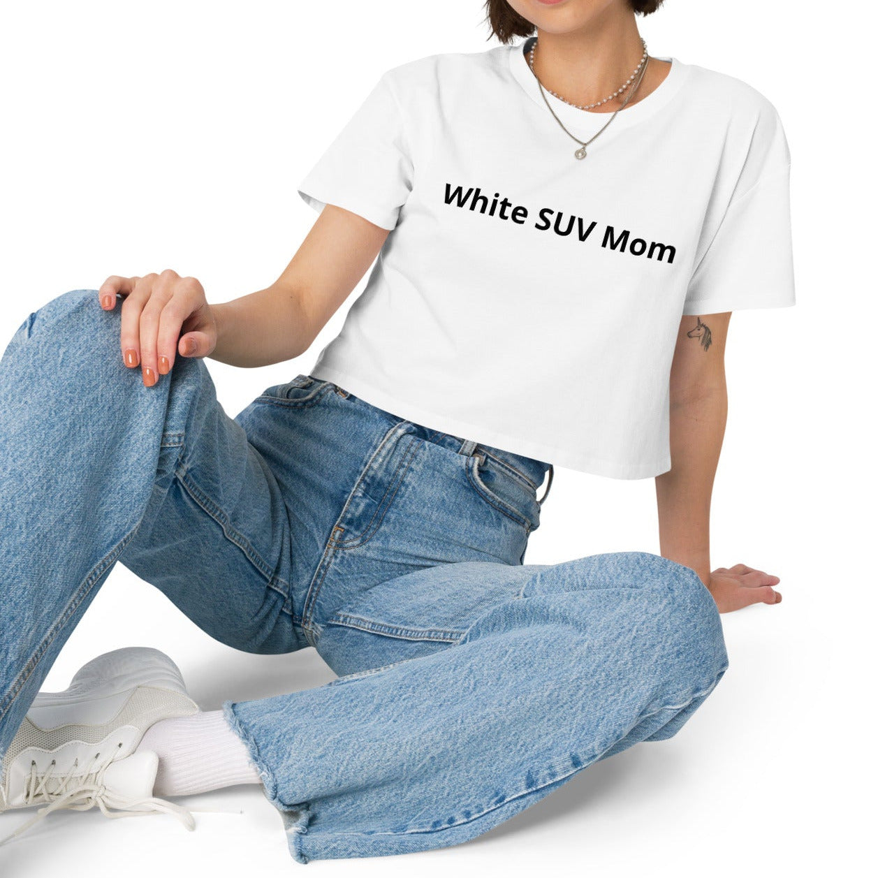 "White SUV Mom" Cropped Tee